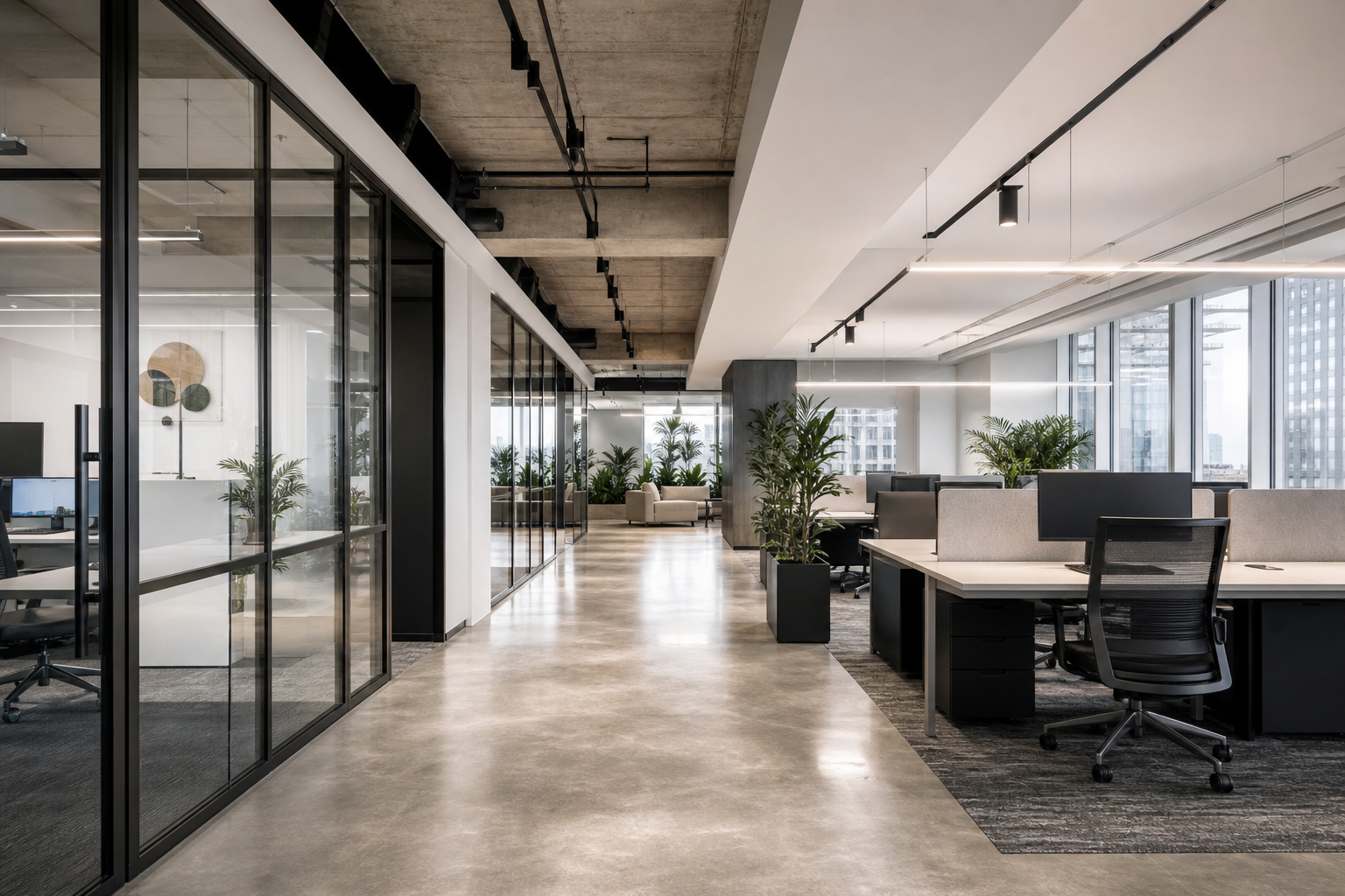 Modern commercial office interior fit-out with glass partitions
