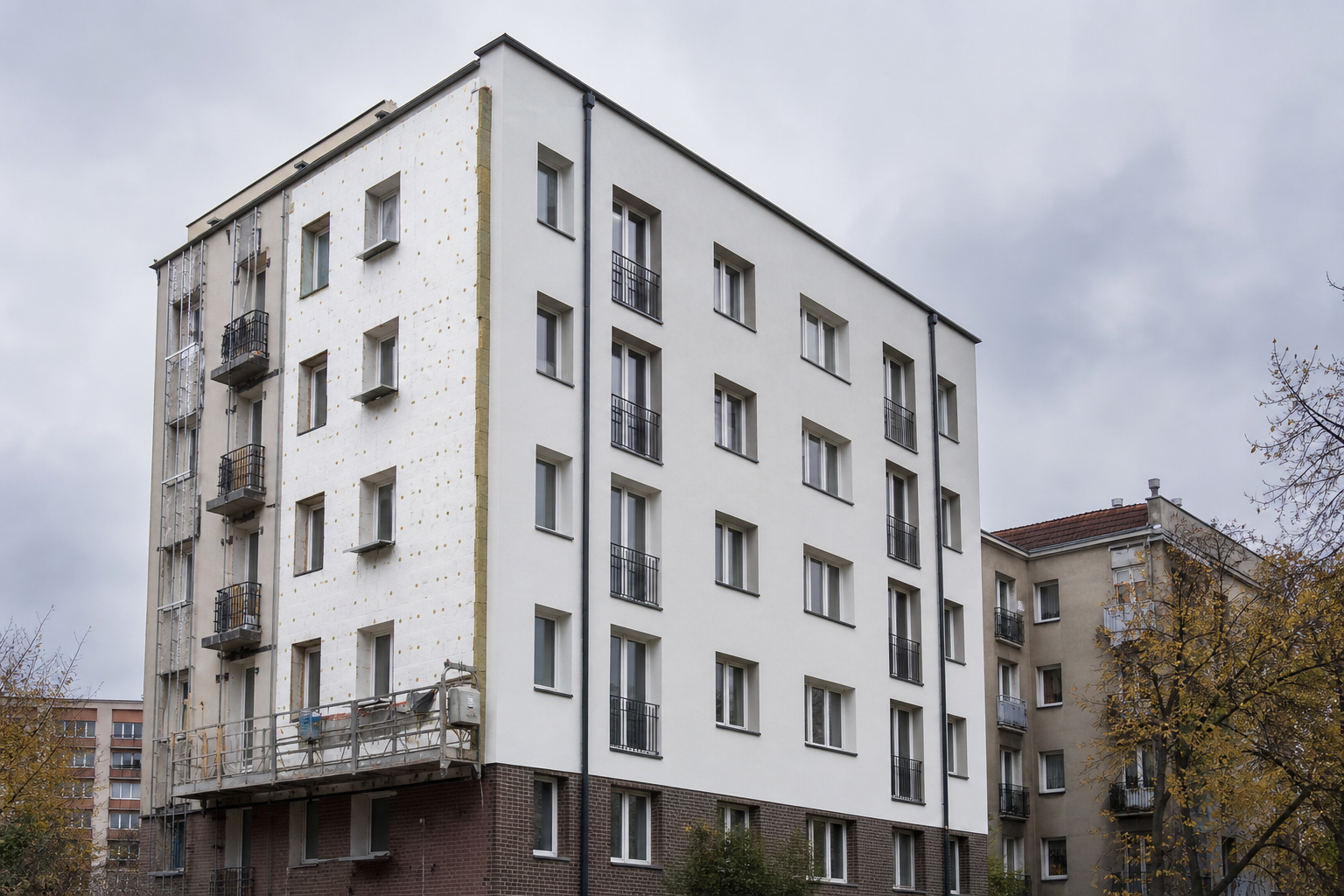 Multi-story building facade renovation in urban Warsaw