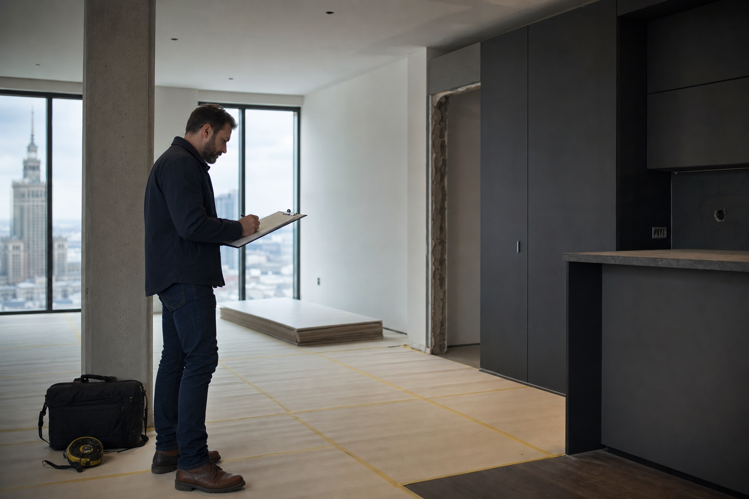 Site manager reviewing renovation plans in a protected Warsaw apartment under construction
