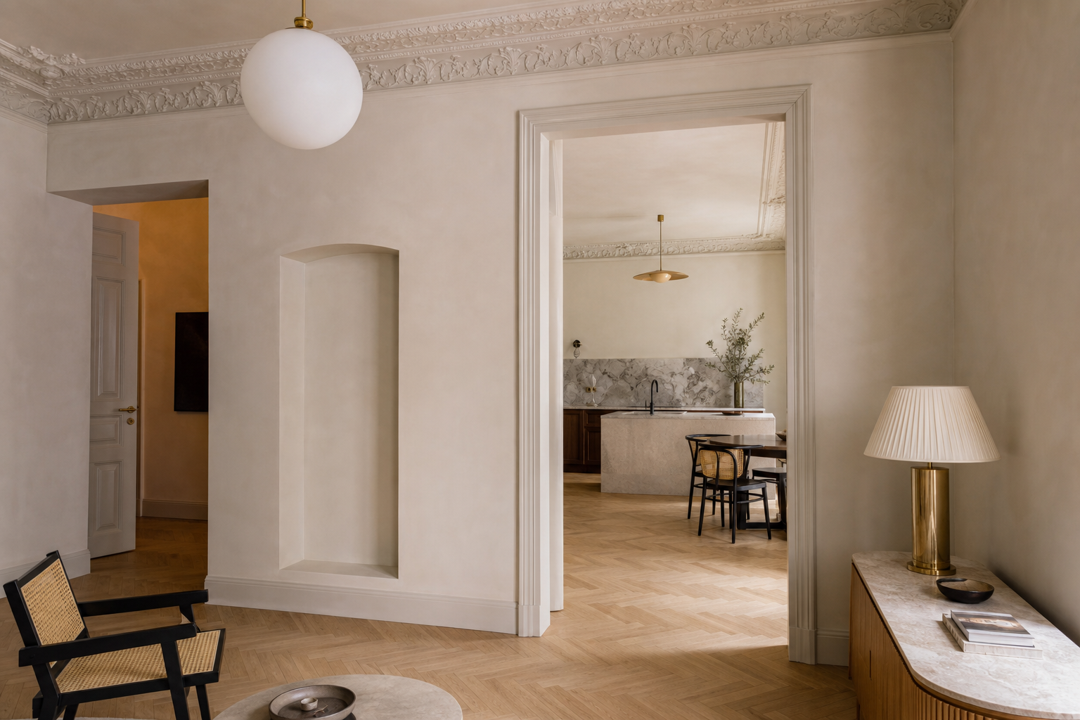 Historic Warsaw apartment with restored ceiling mouldings and fresh plaster walls