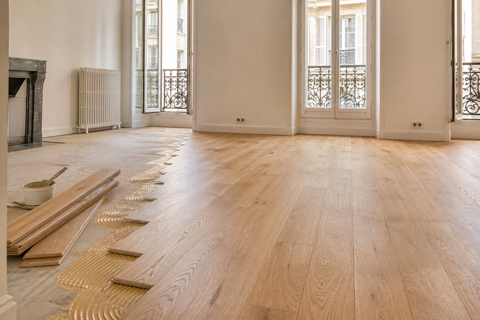 Residential apartment with new hardwood flooring installation