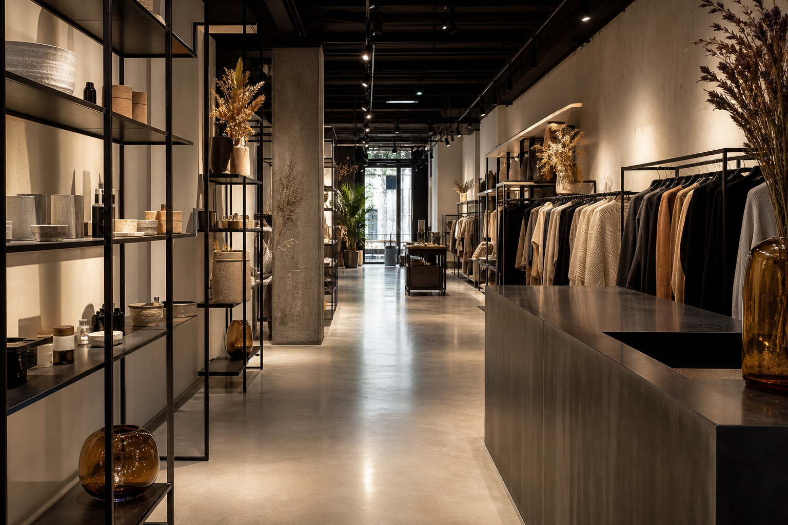 Boutique retail interior fit-out with polished concrete floor and accent lighting