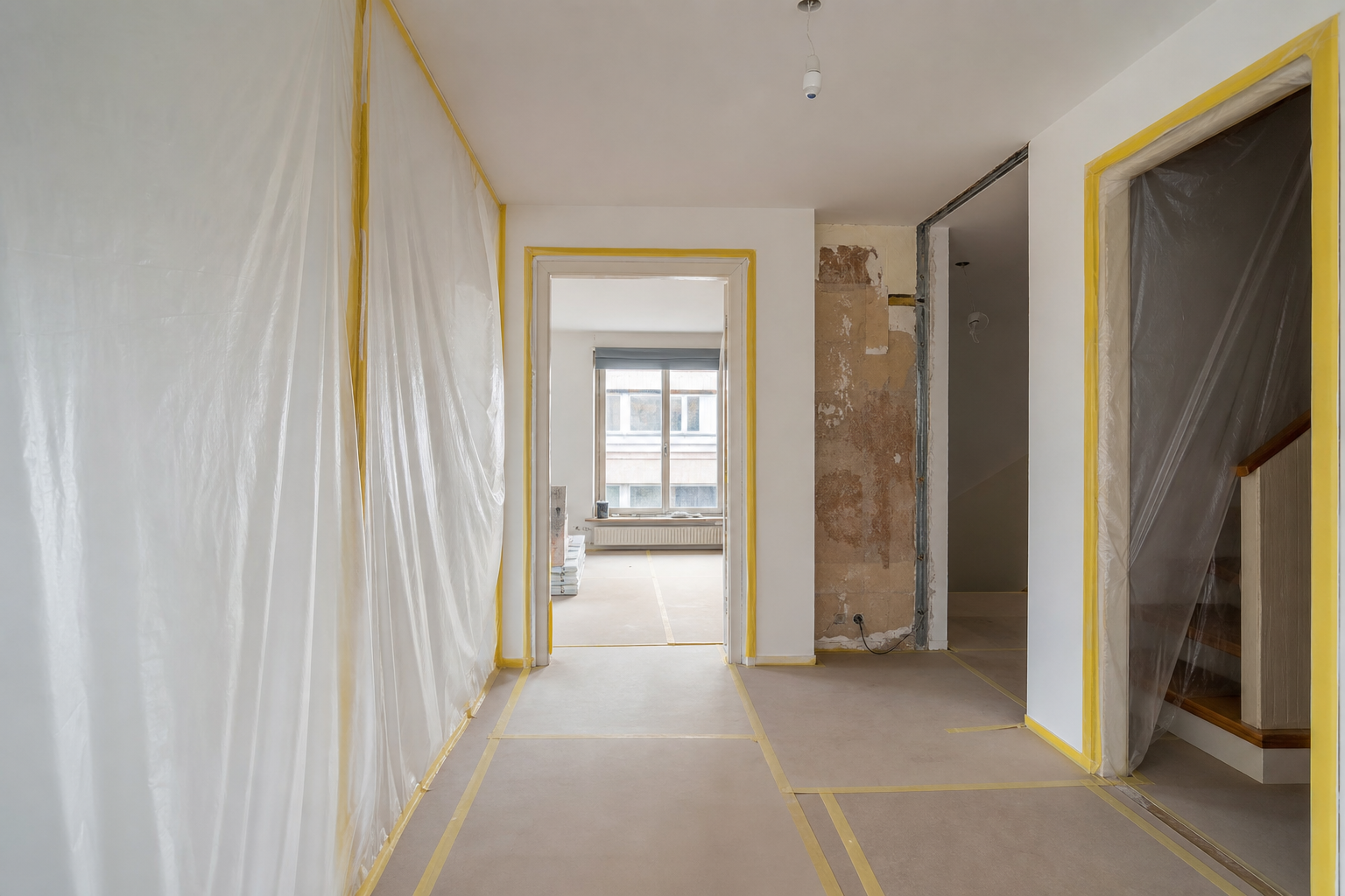 Renovation site with dust barriers and floor protection in a Warsaw apartment