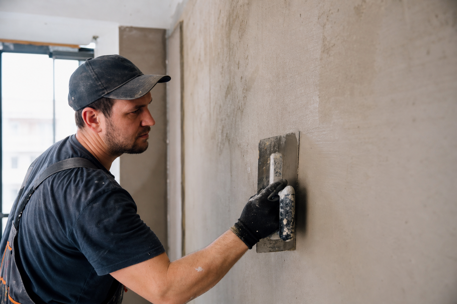 Craftsman leveling wall substrate with precision plaster tools during renovation