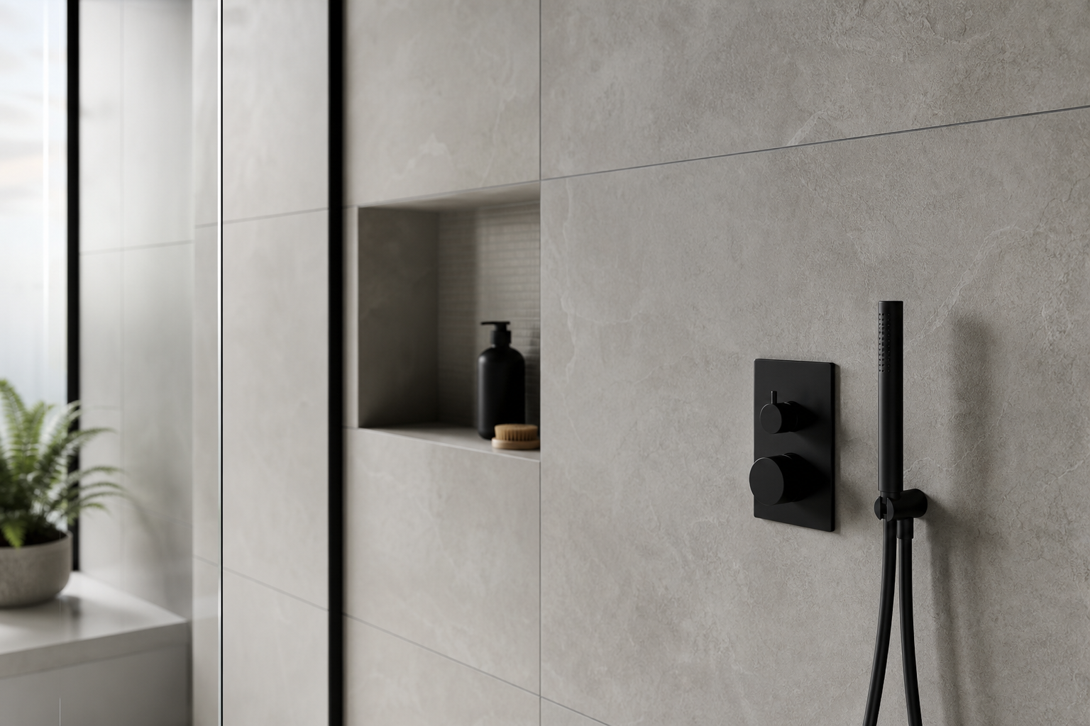 Large-format porcelain tiles in a renovated bathroom