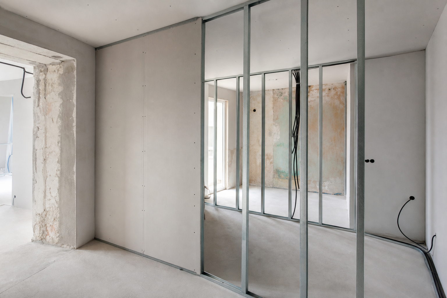 Drywall partition frame with gypsum boards during installation