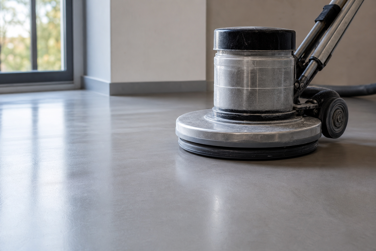 Microcement floor being polished to smooth finish