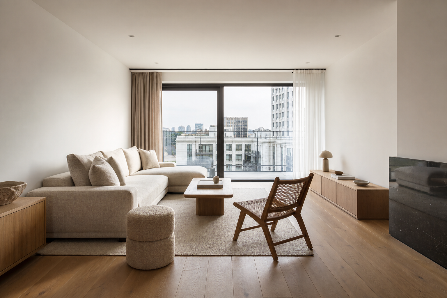 Minimalist living room with oak flooring and natural window light