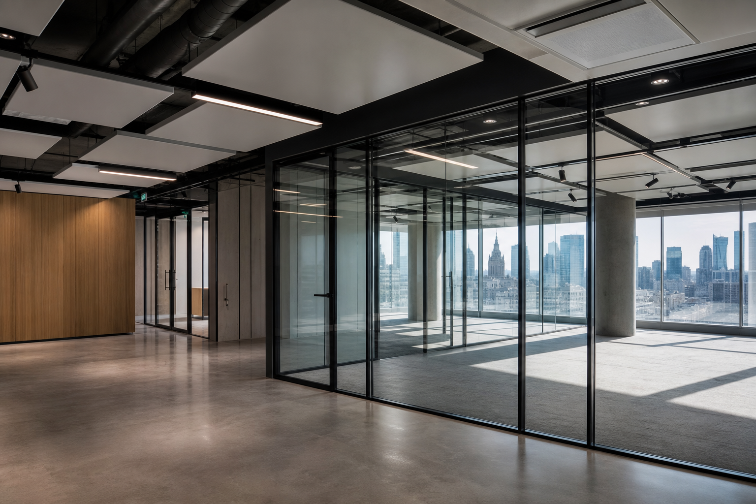 Modern office interior with glass partitions and polished floor