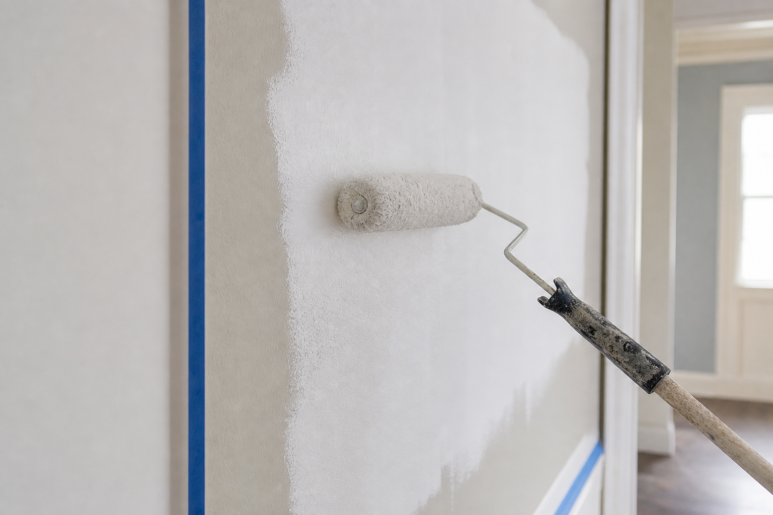Interior painting with roller applying paint along masked edges