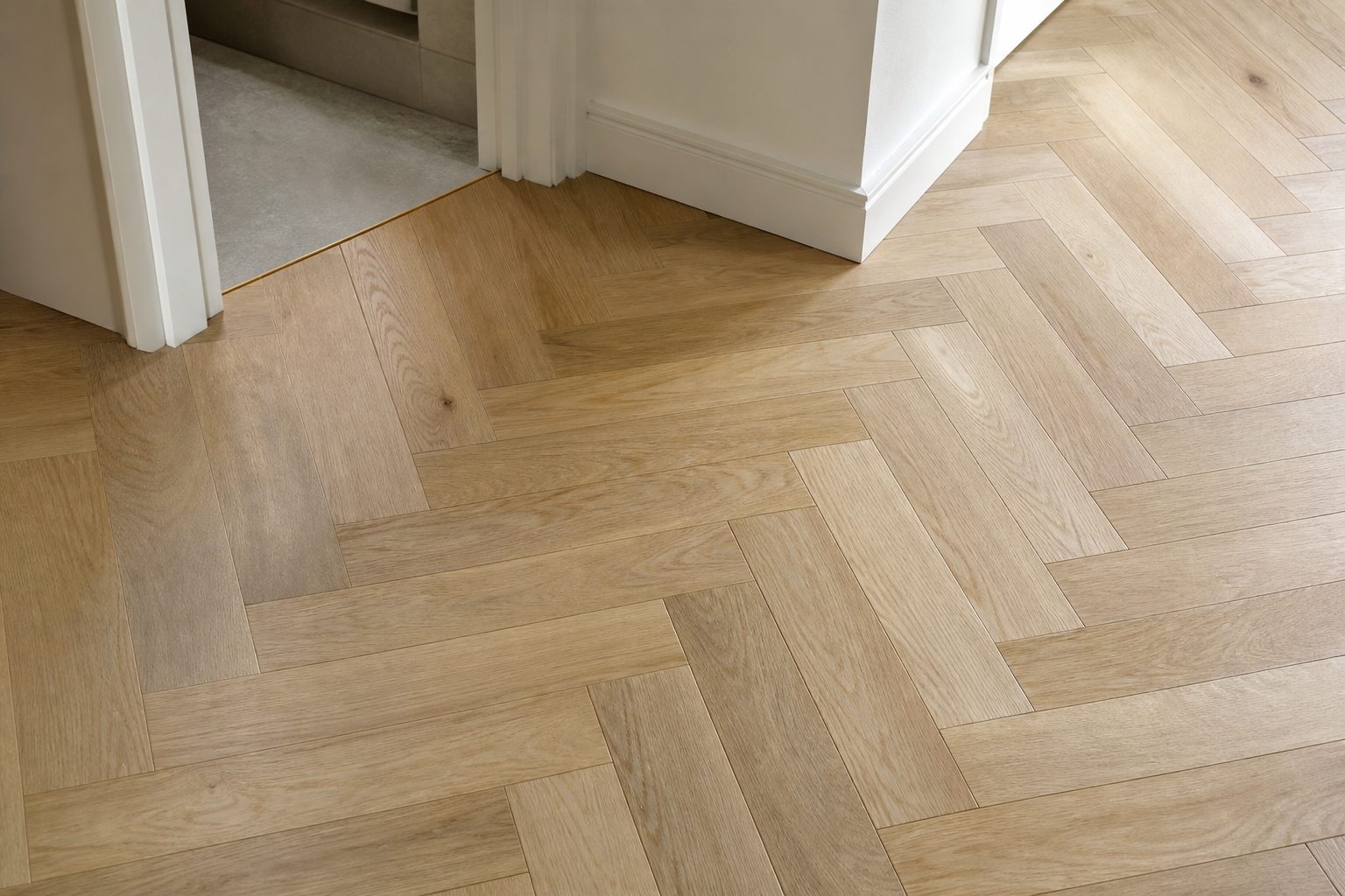 Herringbone oak parquet flooring with precise alignment and matte finish