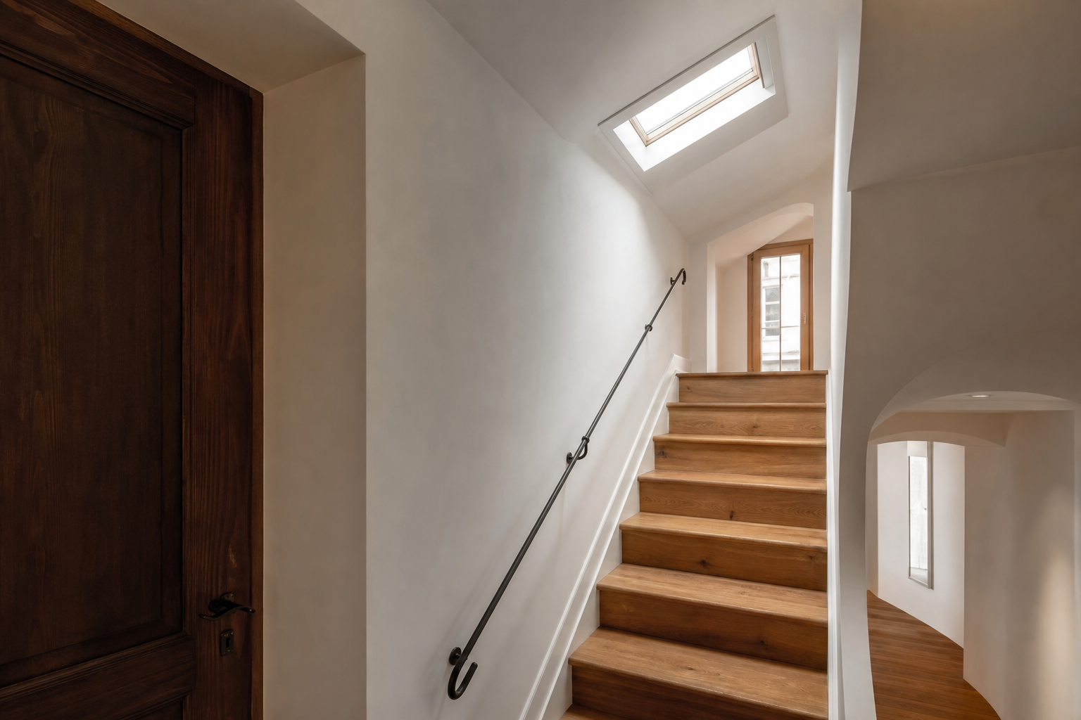 Renovated staircase with wooden treads and plaster walls