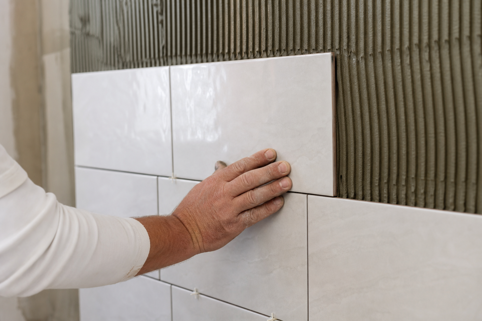 Close-up of precise ceramic tile installation on bathroom wall