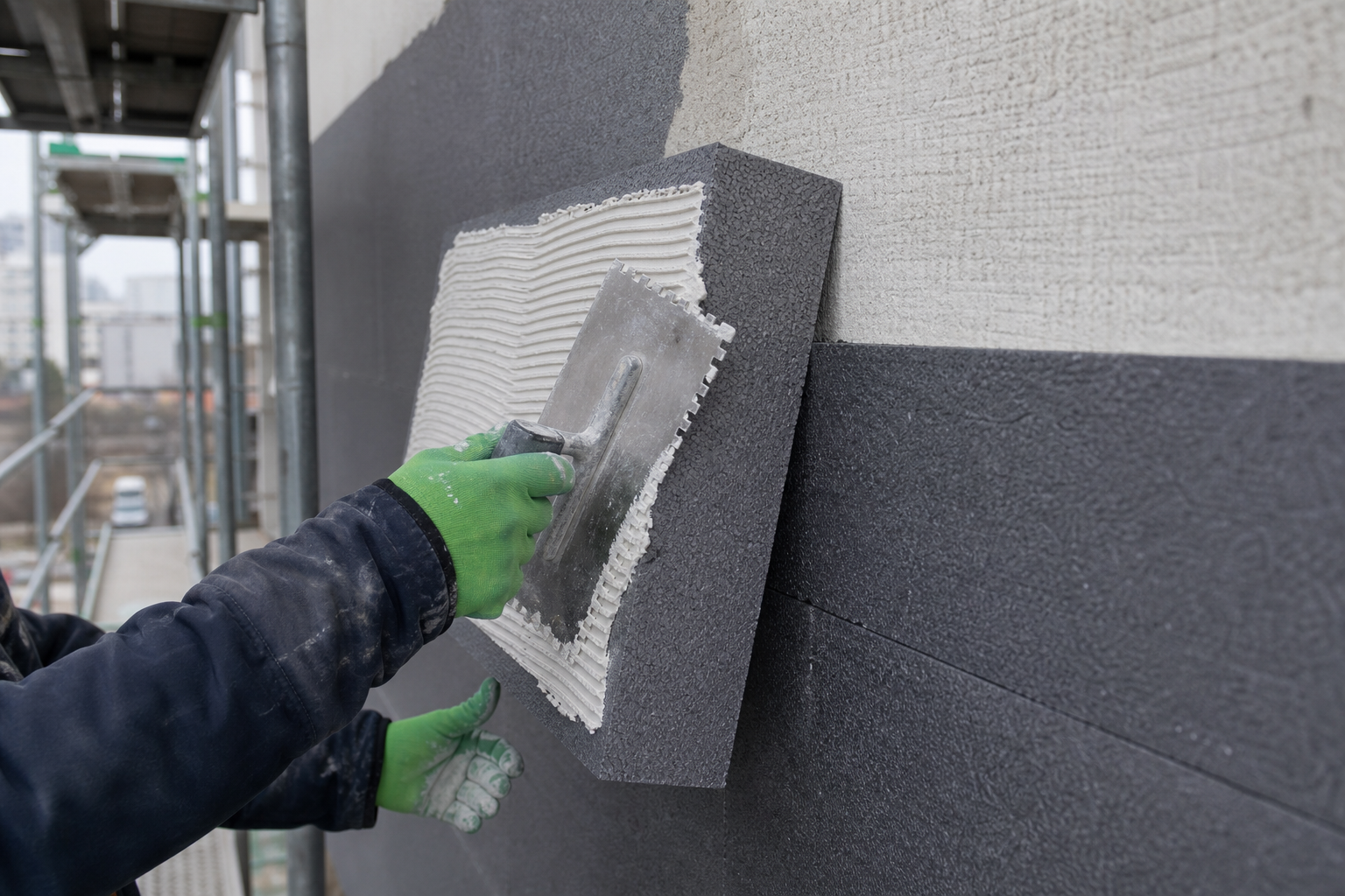 Adhesive being applied to external thermal insulation boards on a facade