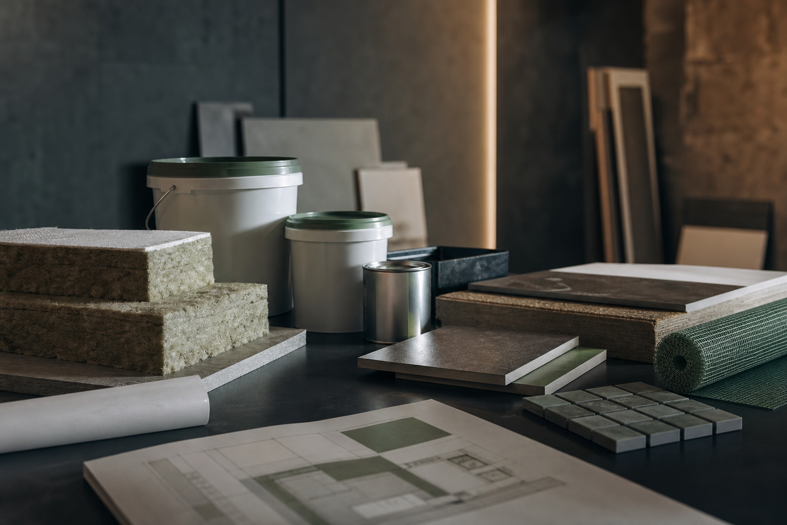 Renovation material samples and specification documents arranged for project planning