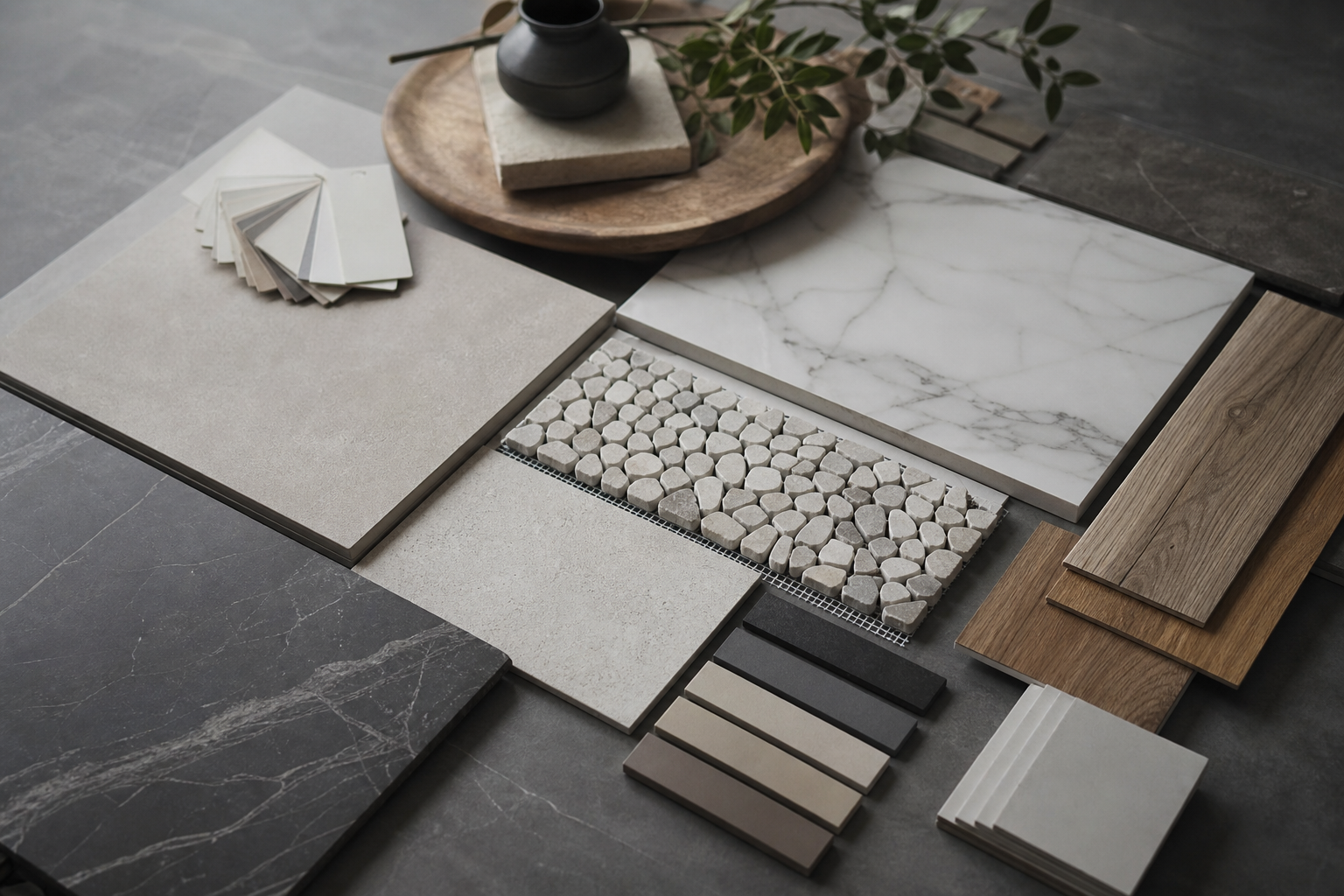 Ceramic, porcelain and stone tile samples for interior material selection