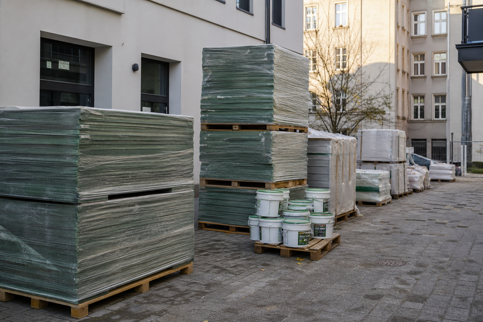 Insulation boards and sealed materials stored on a tidy renovation site