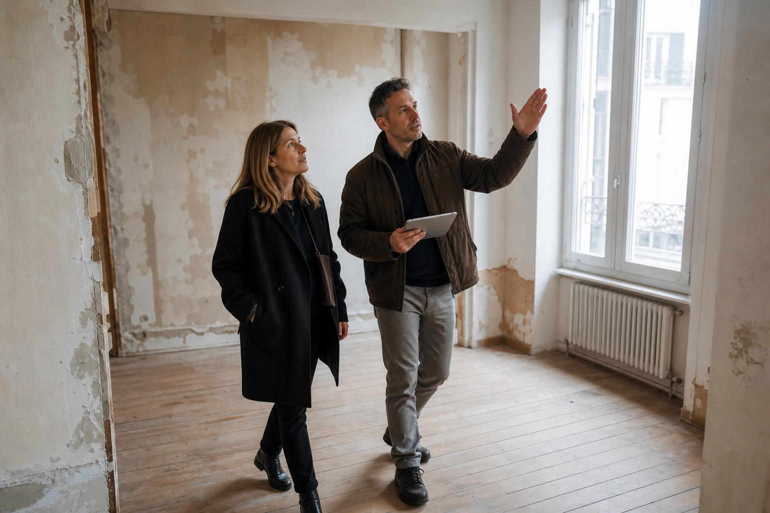 Consultation walkthrough in an apartment awaiting renovation