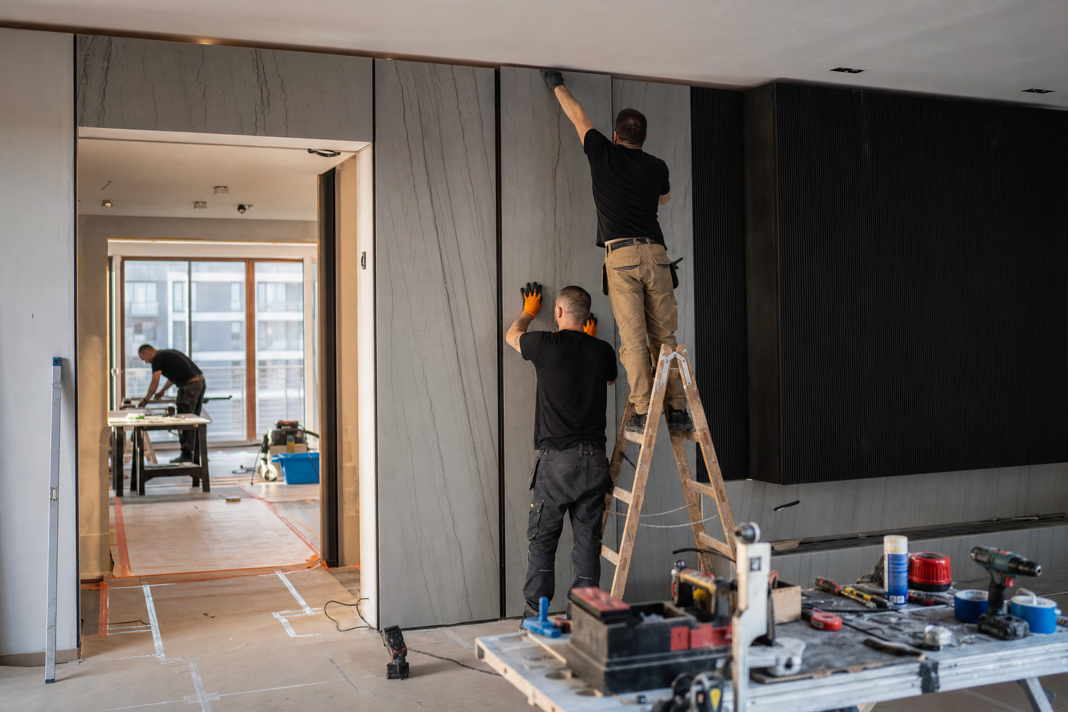 Renovation crew installing interior finishes during phased construction