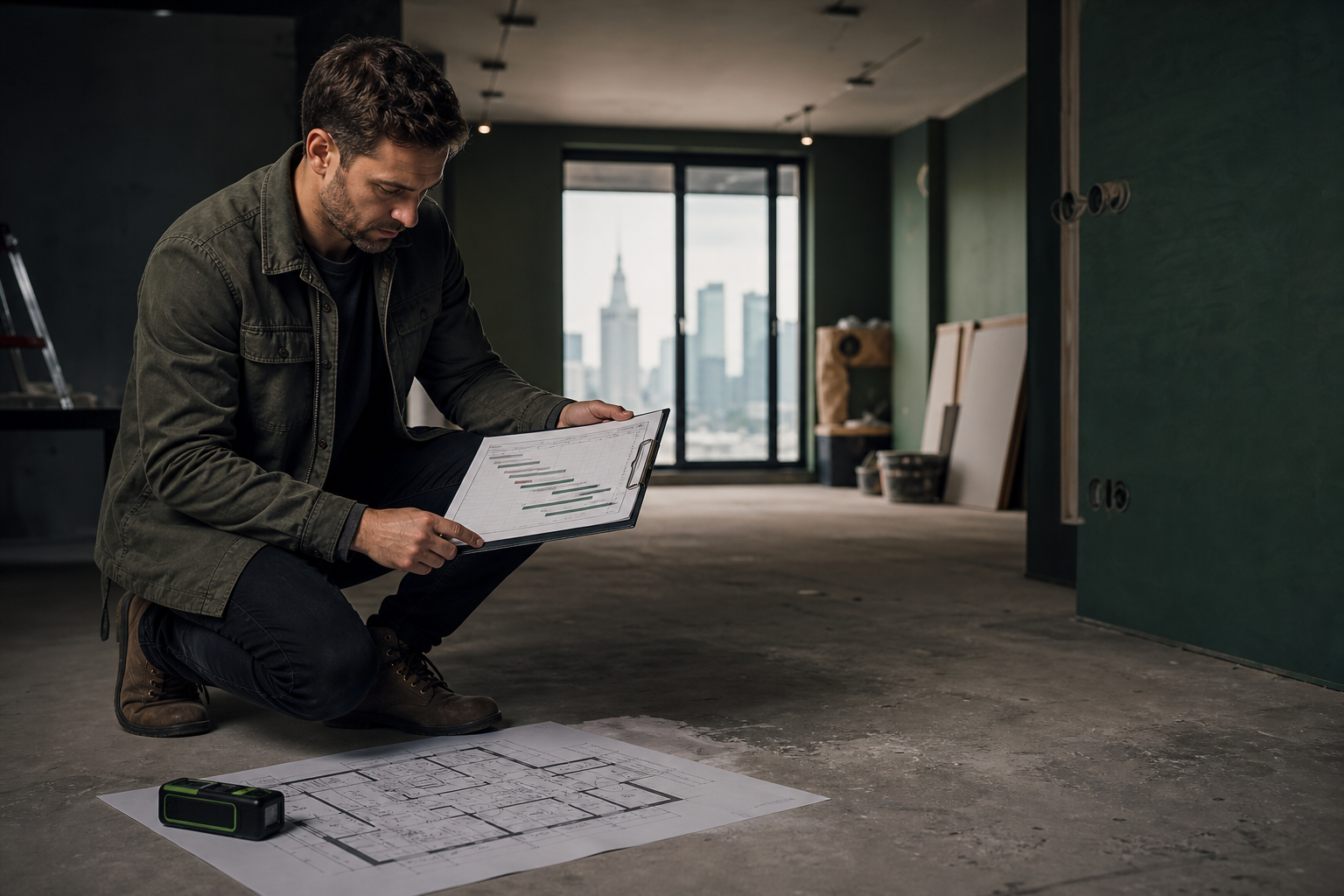 Project manager reviewing phased renovation workflow with floor plans