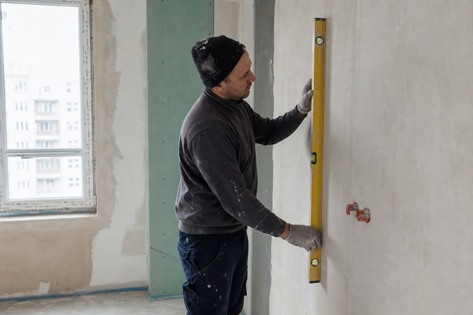Craftsman checking wall flatness with a spirit level during renovation execution