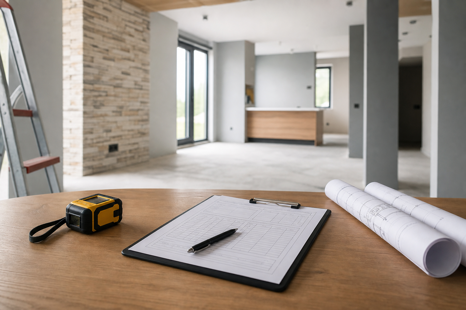 Site inspection with measurement tools and renovation plans