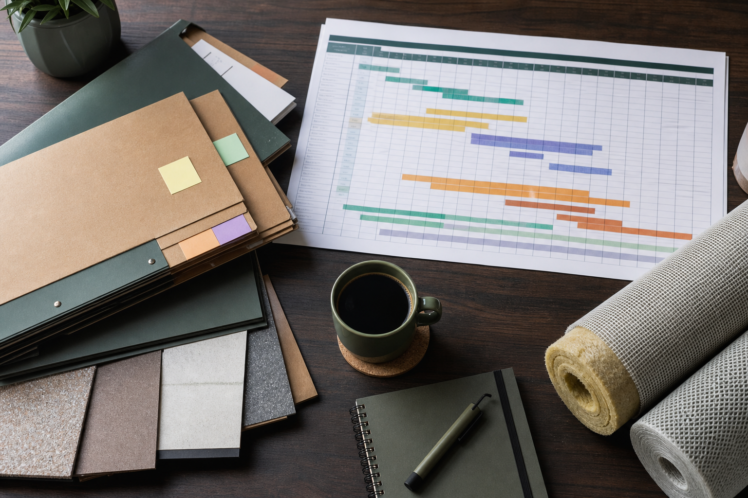 Renovation phase calendar and procurement folders on planning desk