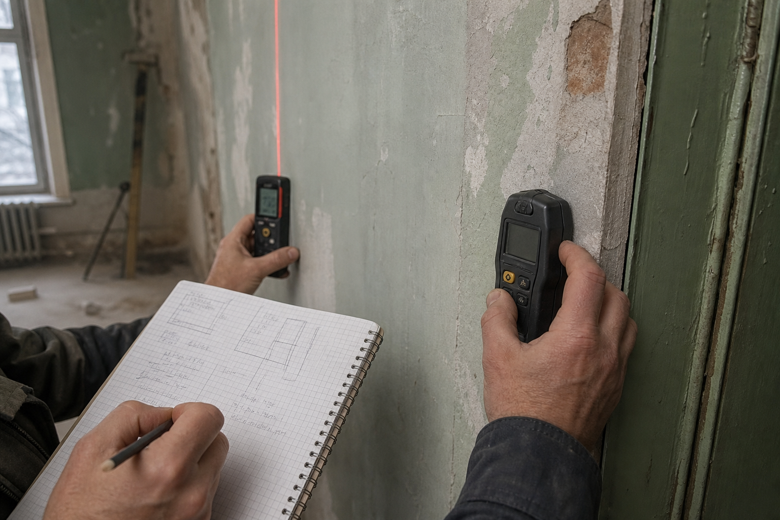 Laser measurement and moisture testing during technical site survey