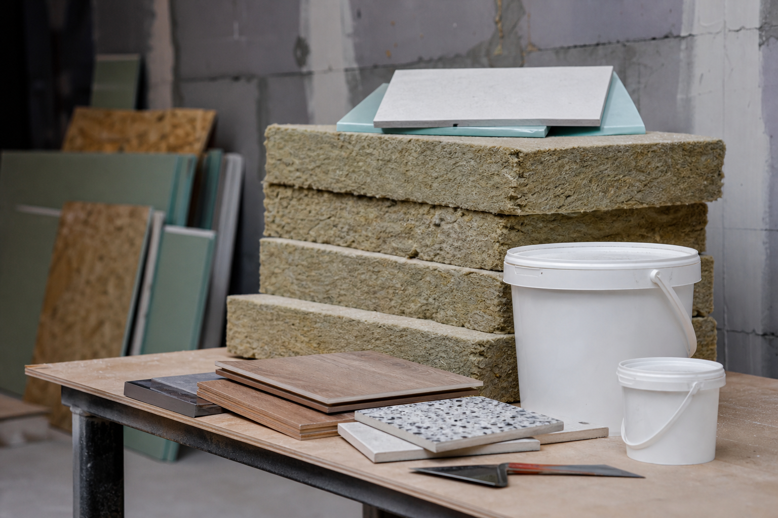 Construction materials for renovation: insulation boards, plaster and tile samples