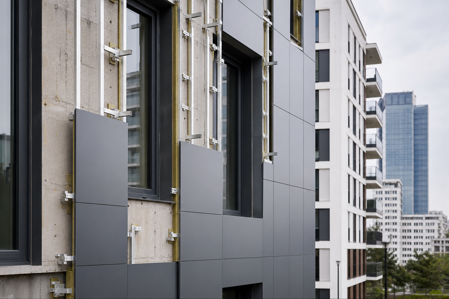 Modern facade cladding panels on residential building
