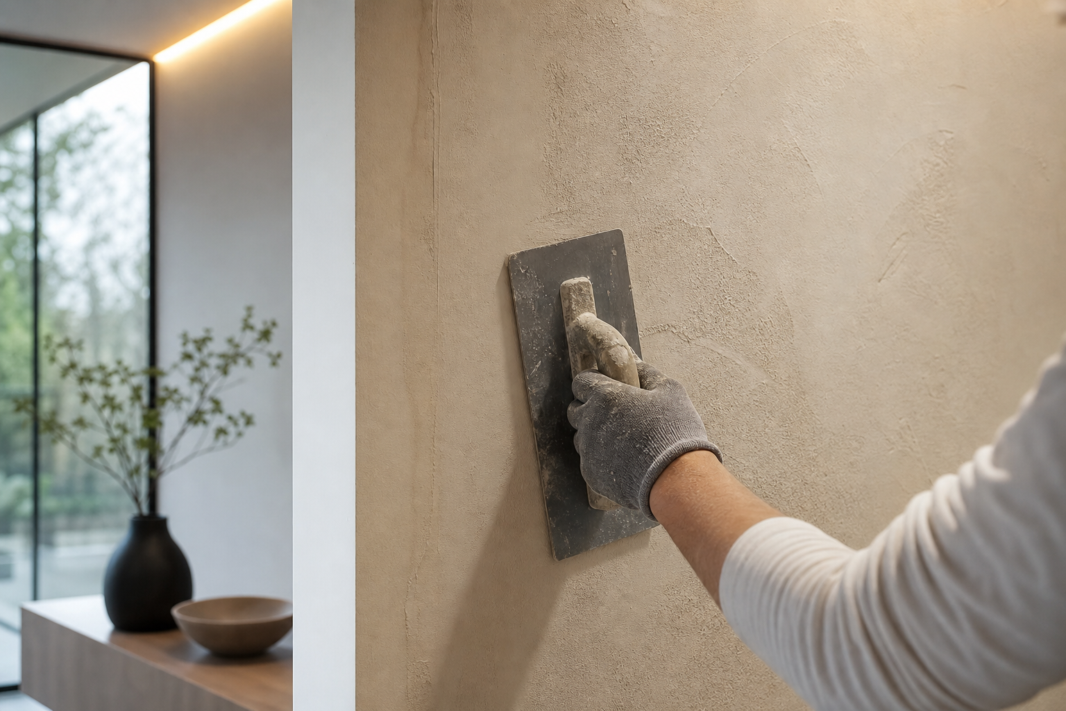 Interior renovation with plastered walls and open layout