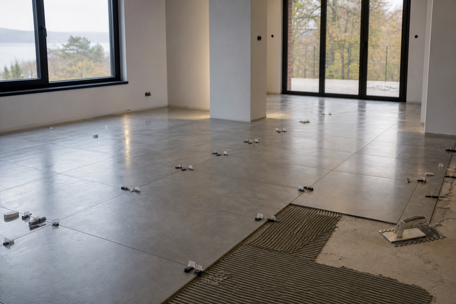 Large-format floor tiles being installed during apartment renovation