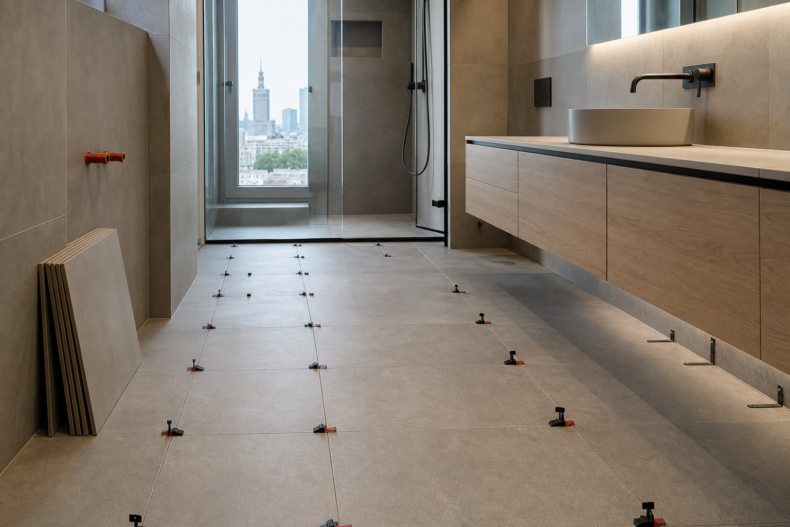 Large-format porcelain floor tiles being laid in a modern Warsaw bathroom